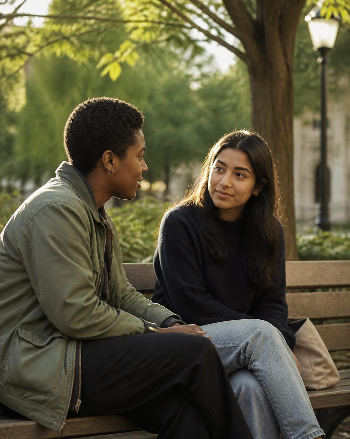 Two students sharing a thoughtful conversation on campus