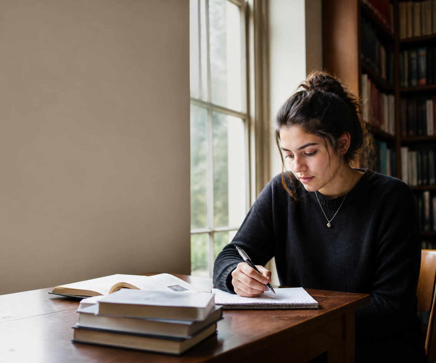 A healthcare student studying beside a sunlit library window